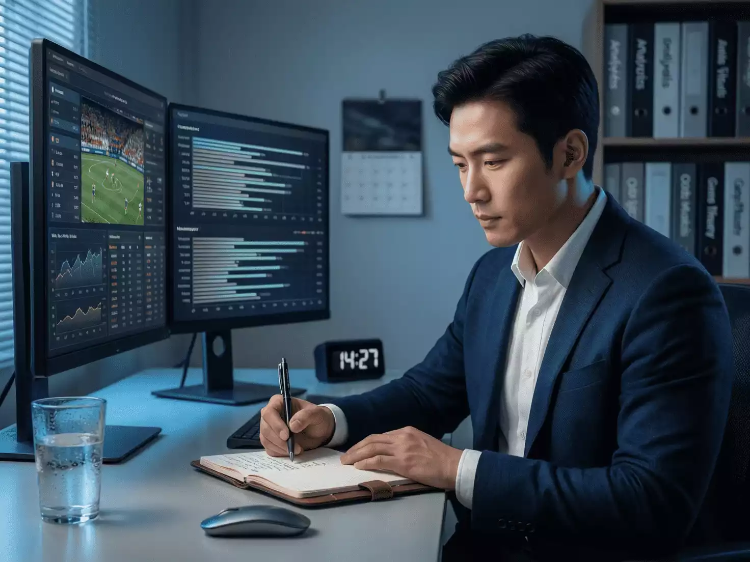 Profesional de apuestas analizando estadísticas deportivas en múltiples pantallas