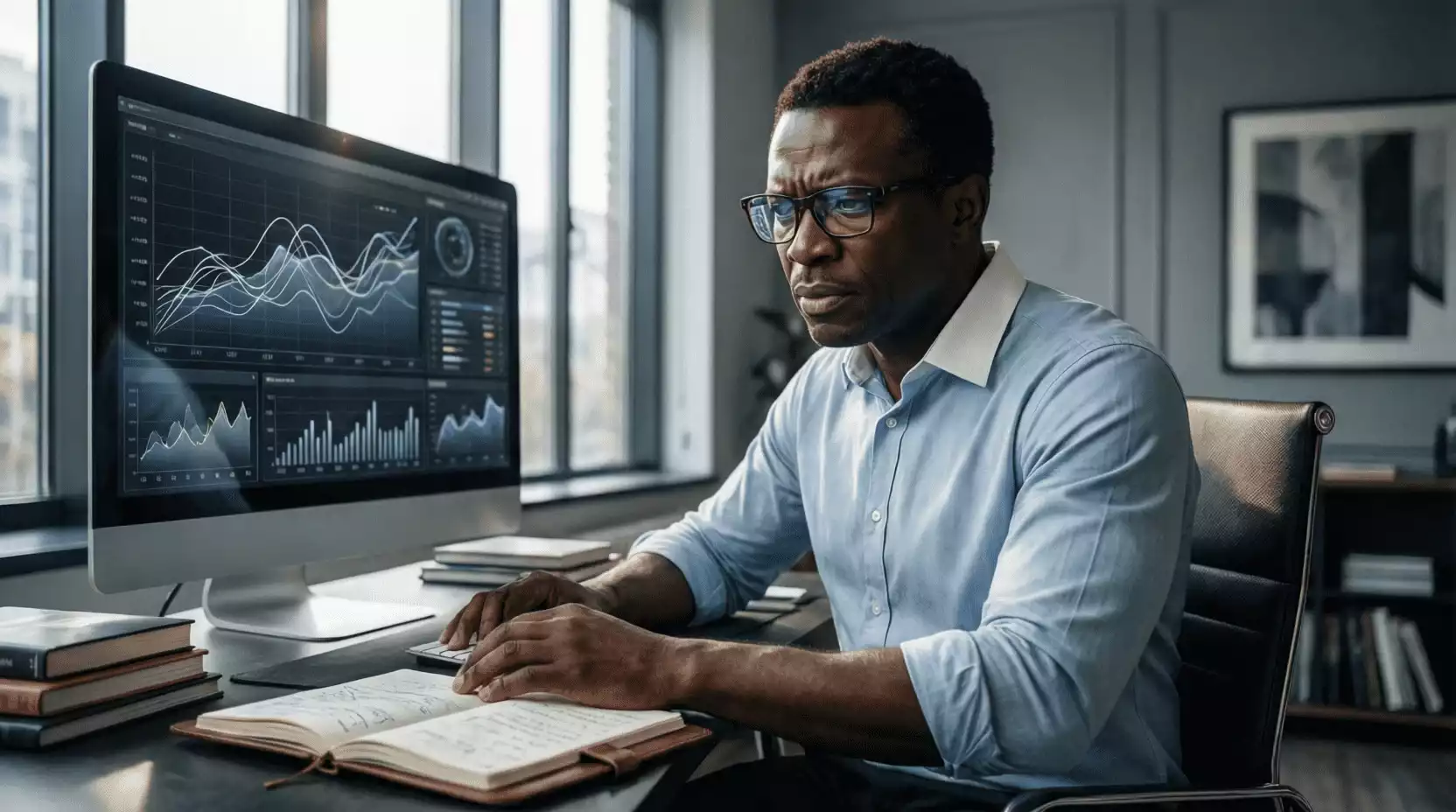 Analista deportivo estudiando datos de probabilidades en su oficina