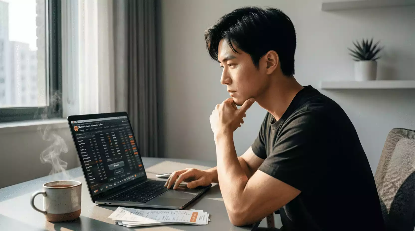 Apostador concentrado analizando sus opciones de apuesta deportiva