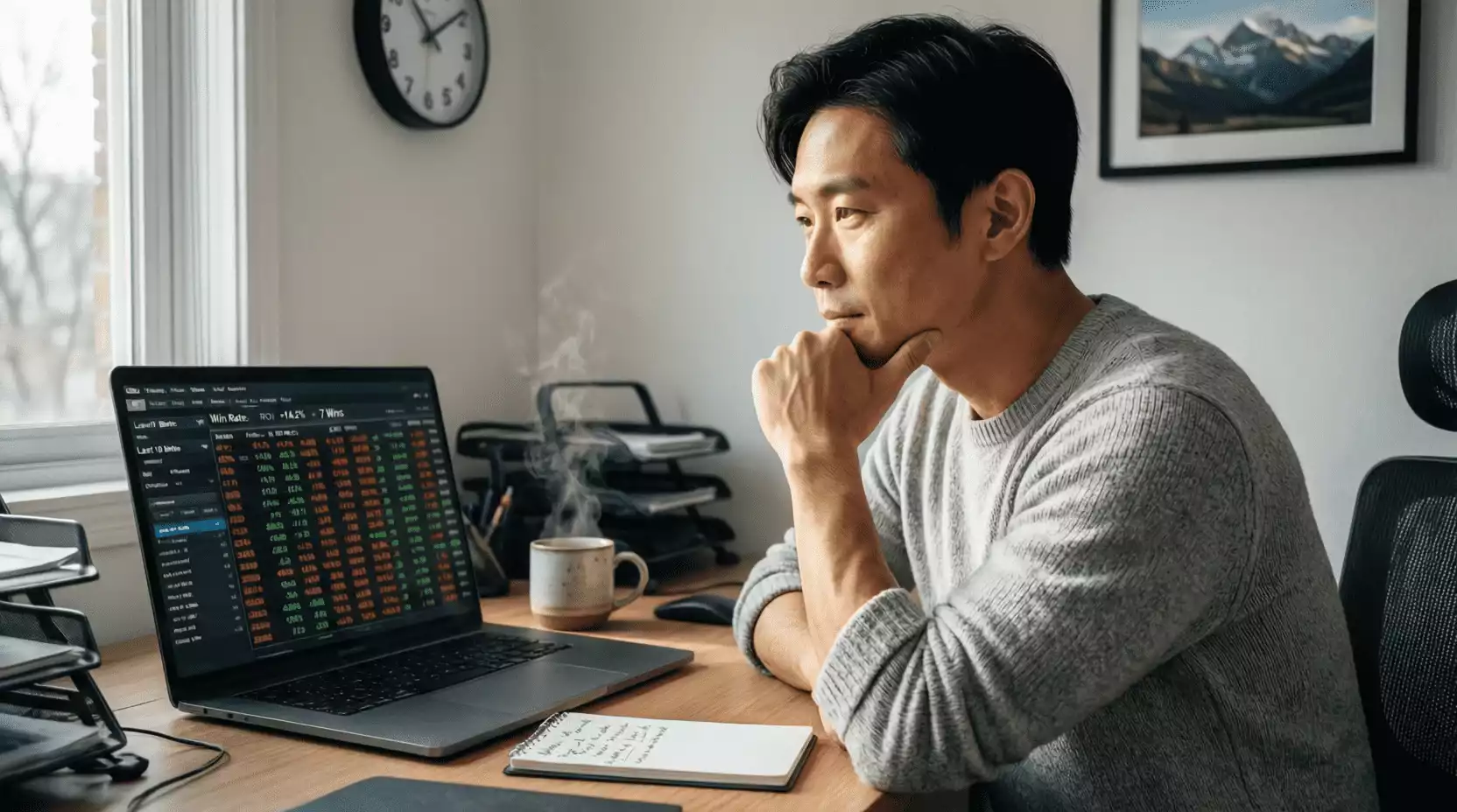 Apostador analizando sus resultados de apuestas en pantalla