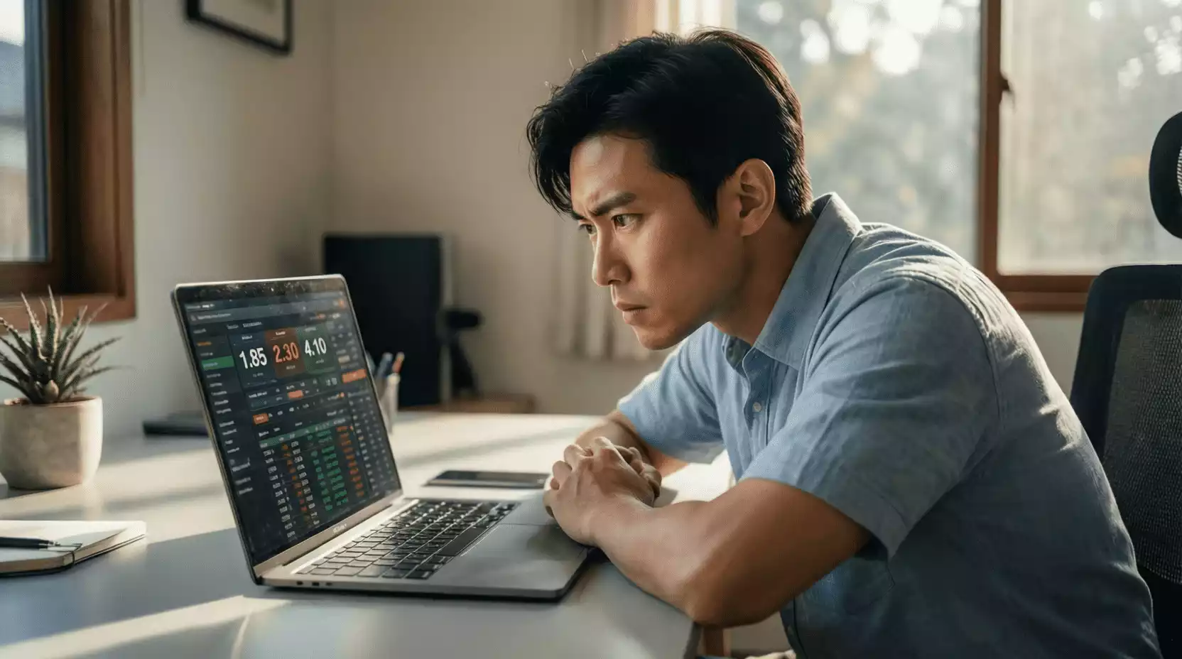 Apostador analizando cuotas deportivas en su ordenador portátil