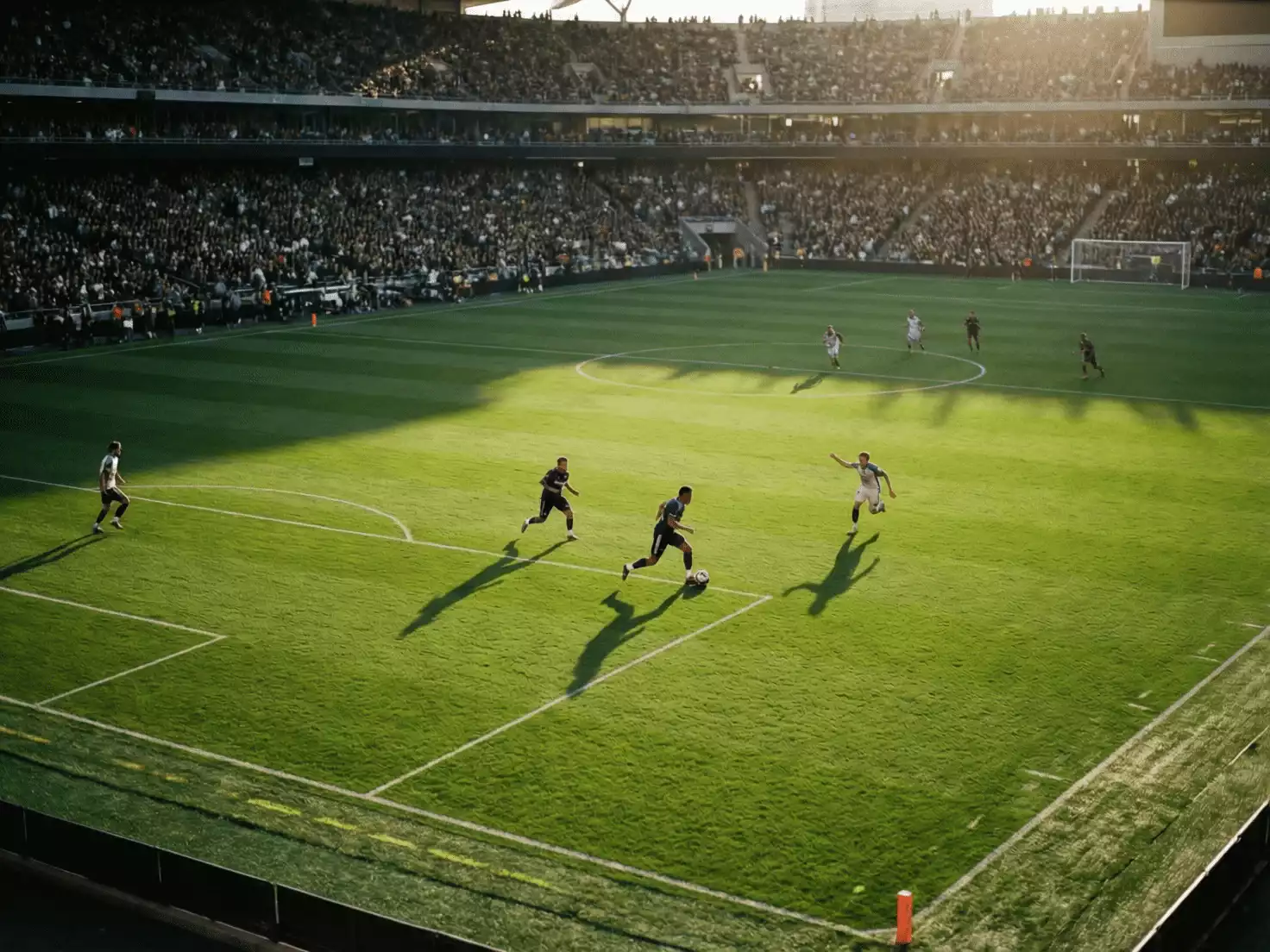 Campo de fútbol profesional visto desde las gradas durante un partido