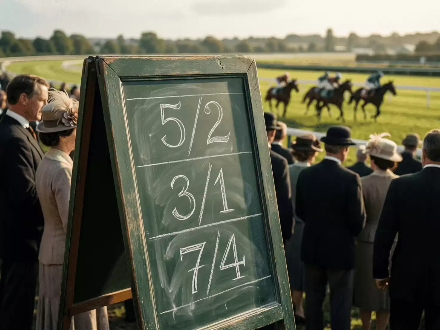 Ambiente de carreras de caballos británicas con pizarra de cuotas fraccionales