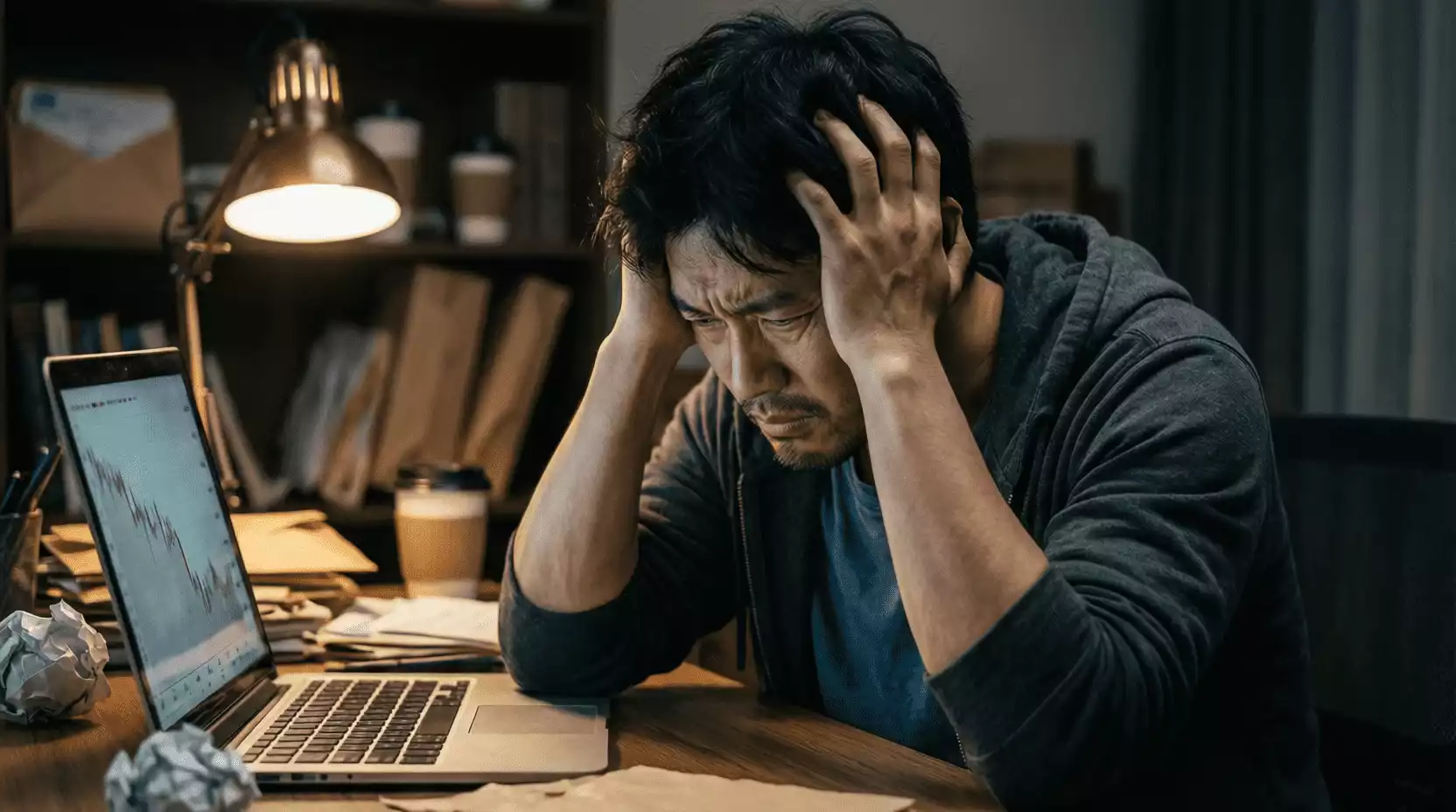 Apostador frustrado revisando sus pérdidas en apuestas deportivas