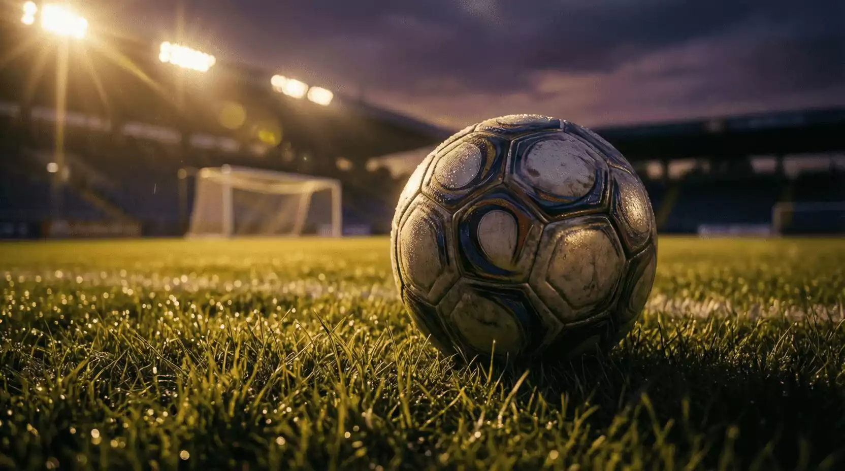 Balón de fútbol sobre césped con iluminación dramática del estadio