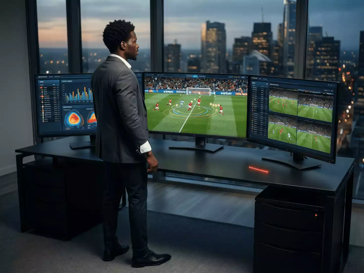 Analista estudiando estadísticas deportivas en múltiples pantallas