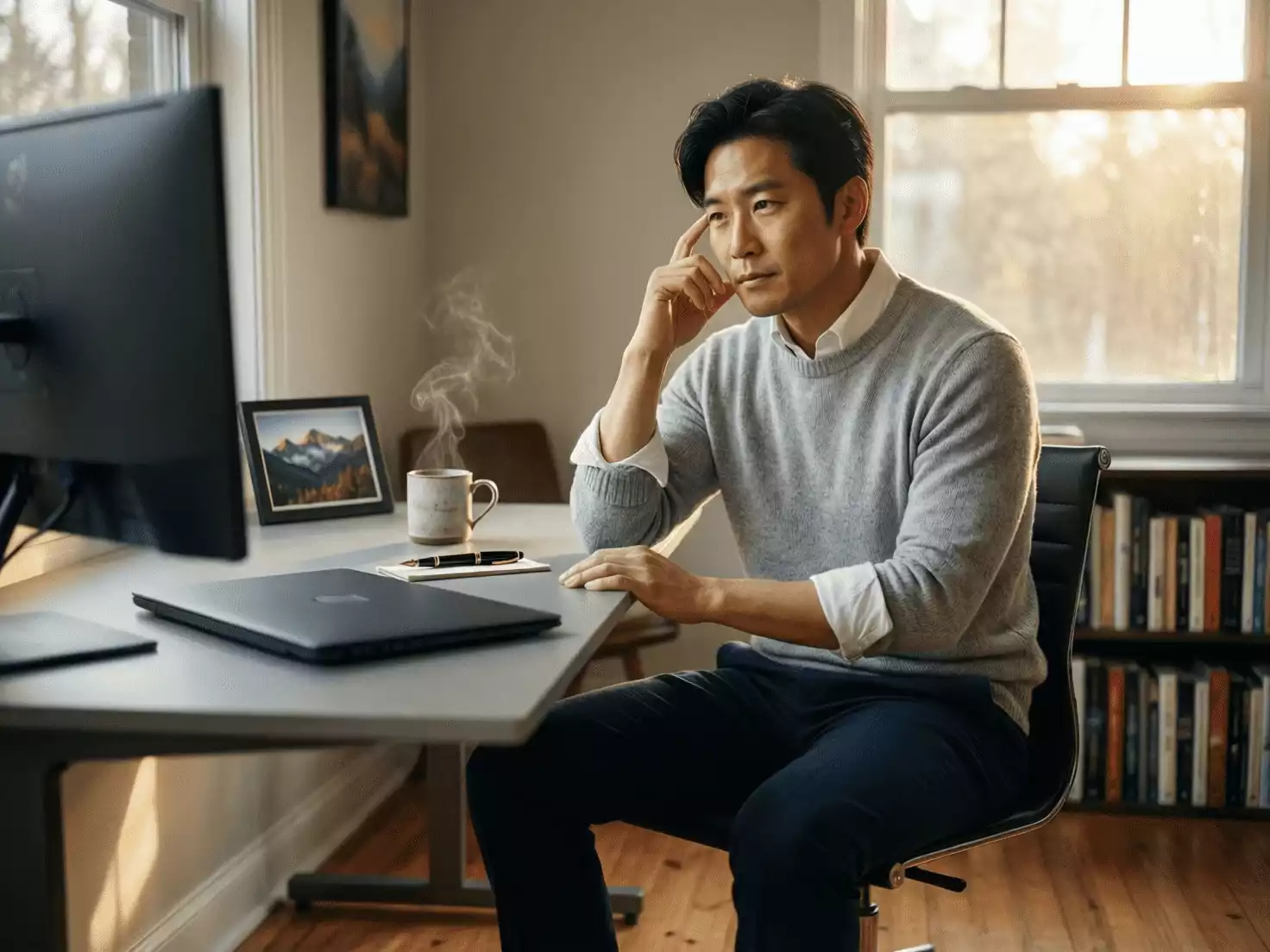 Persona pensativa considerando opciones frente a una pantalla de ordenador